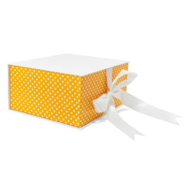 Χειροποίητο Kουτί-Βιβλίο, Λευκό-Πορτοκαλί Πουά με Σατέν Κορδέλα, 28x24x13cm