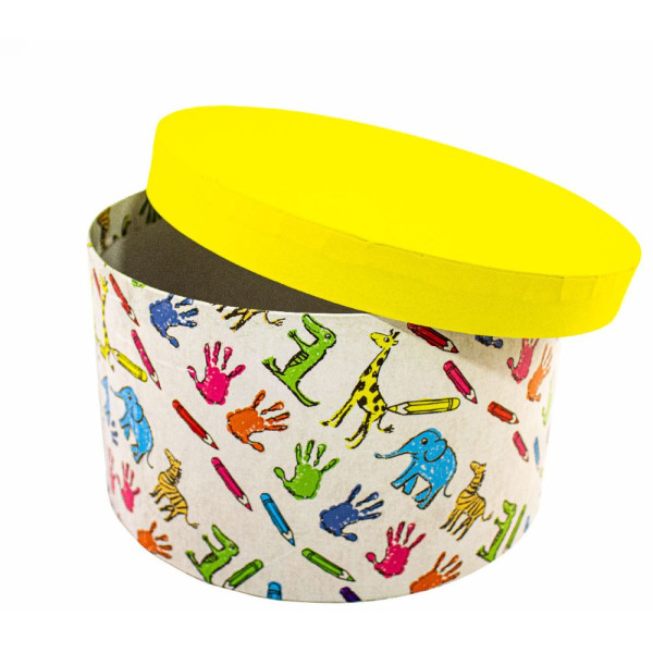 Χειροποίητο Χάρτινο Κουτί-Καπελιέρα, Παιδικό Σχέδιο με Κίτρινο Καπάκι, 3 διάστασεις