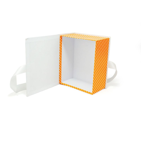 Χειροποίητο Kουτί-Βιβλίο, Λευκό-Πορτοκαλί Πουά με Σατέν Κορδέλα, 28x24x13cm