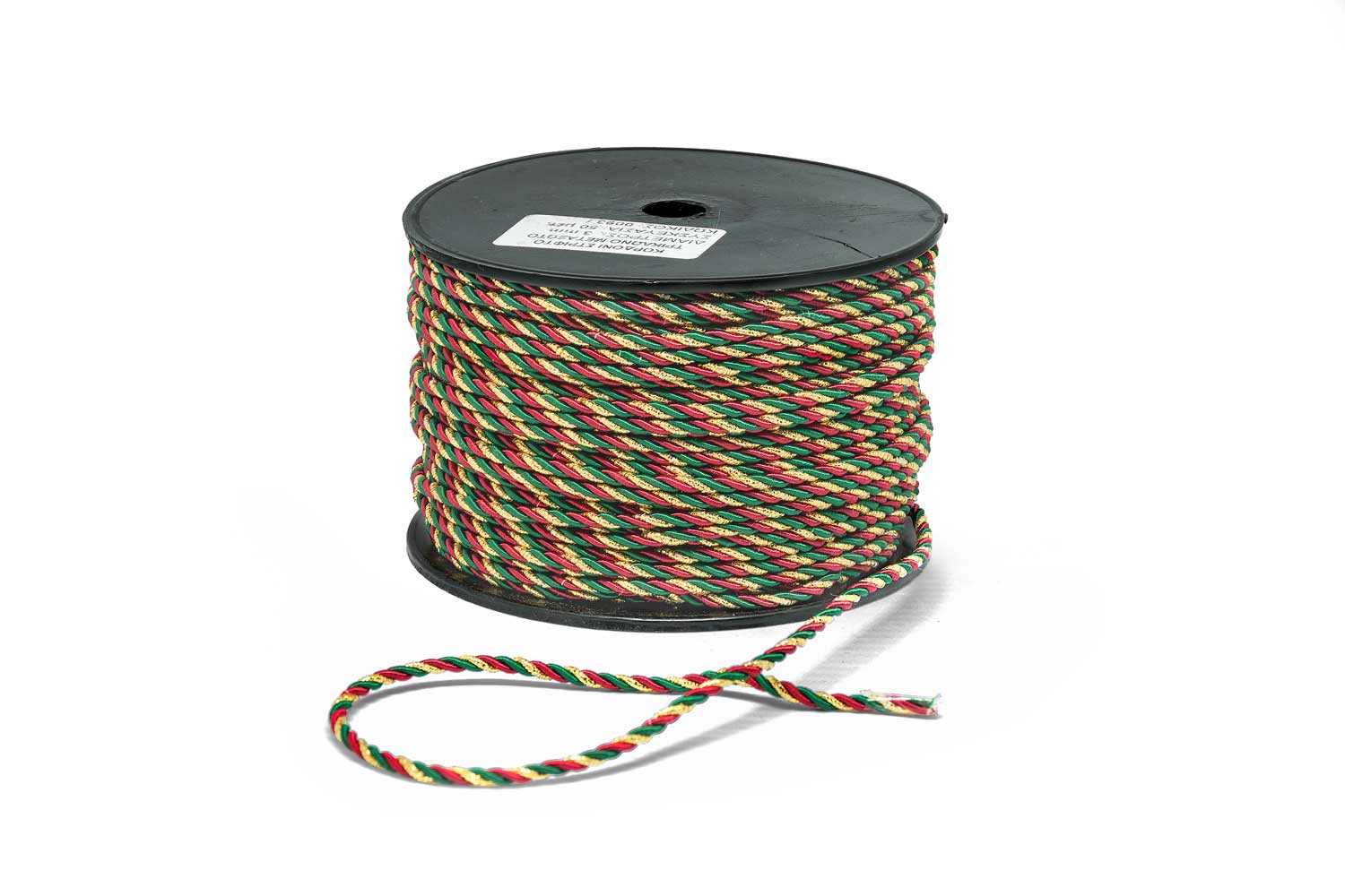 Κορδόνι Στριφτό Τρίκλωνο Μεταξωτό Κόκκινο-Πράσινο-Χρυσό 3mm